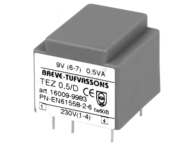 Transformator: ingegoten; 0,5VA; 230VAC; 9V; 55,5mA; PCB; IP00; TEZ Transformator: ingegoten; 0,5VA; 230VAC; 9V; 55,5mA; PCB; IP00; TEZ